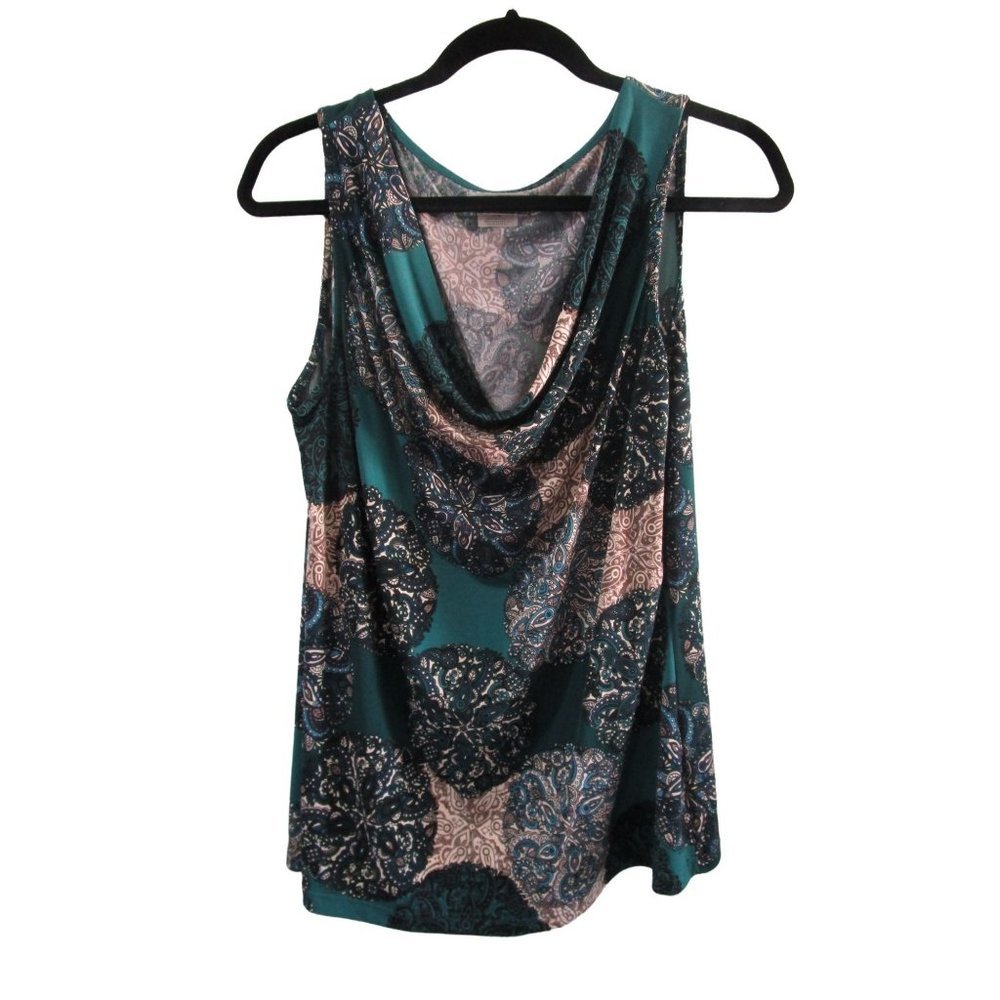 Van Heusen Green Blue Mandala Sleeveless Cowl Neck Shell Top Ladies Large GUC